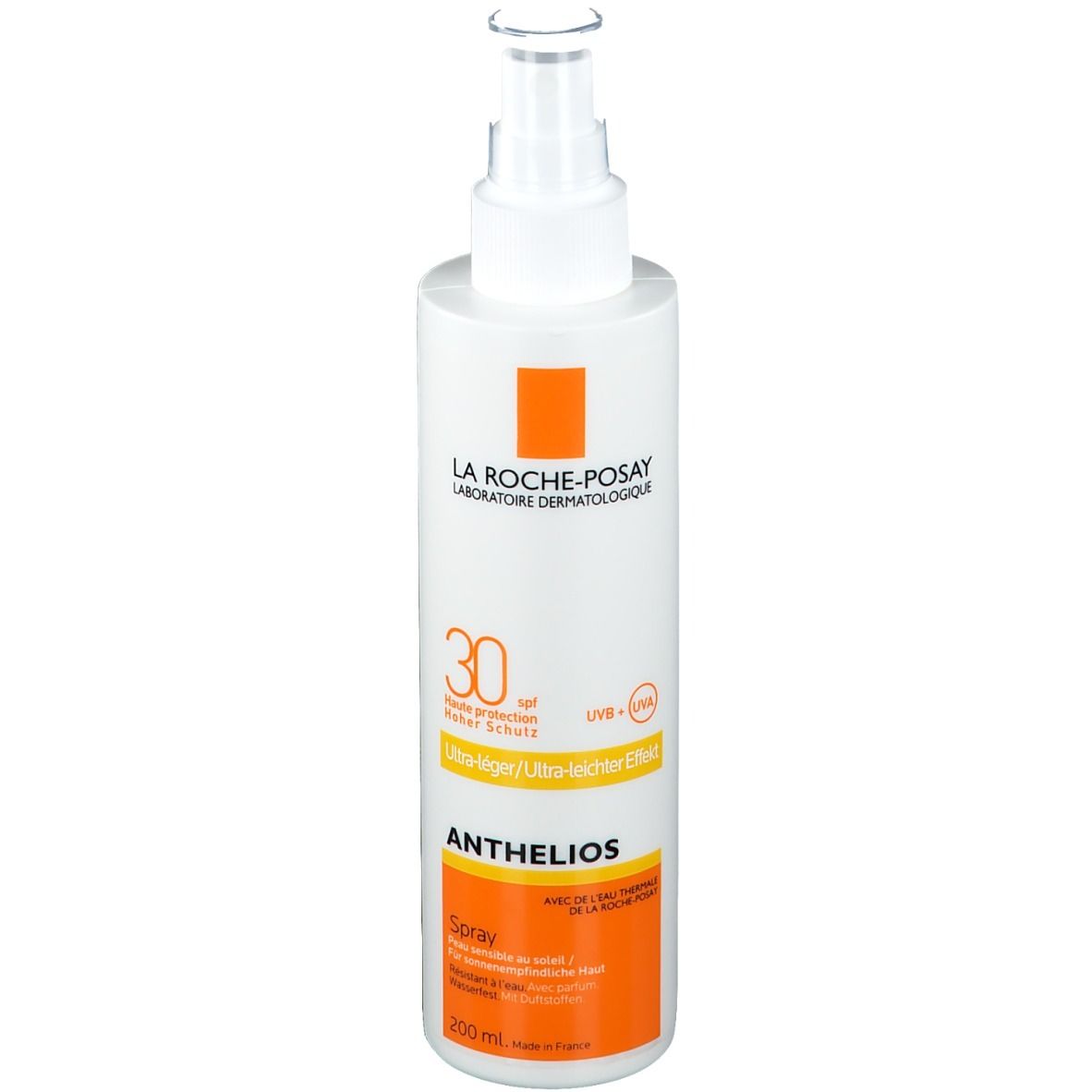 La Roche-Posay Anthelios Spray LSF30. Flacon blanc avec étiquette orange. Vaporisateur.