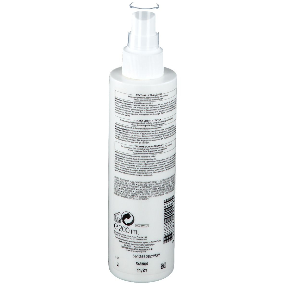 La Roche-Posay Anthelios Spray LSF30. Dos du flacon. Informations textuelles sur fond blanc.