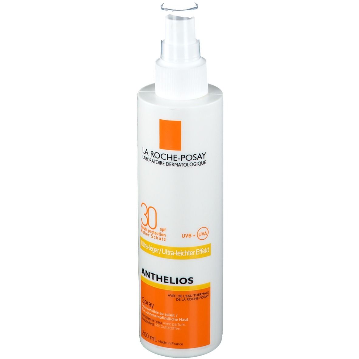 La Roche-Posay Anthelios Spray LSF30. Flacon blanc avec étiquette orange. Vaporisateur.