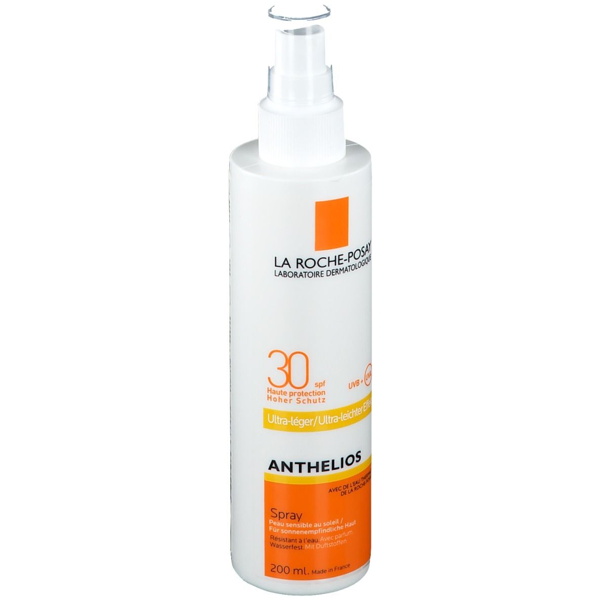 La Roche-Posay Anthelios Spray LSF30. Flacon blanc avec étiquette orange. Vaporisateur.