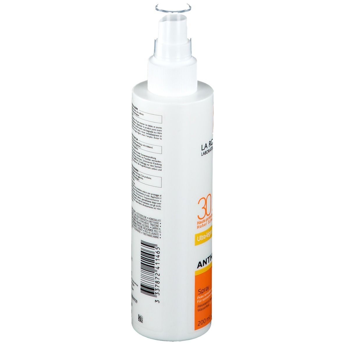 La Roche-Posay Anthelios Spray LSF30. Dos du flacon. Informations textuelles sur fond blanc.