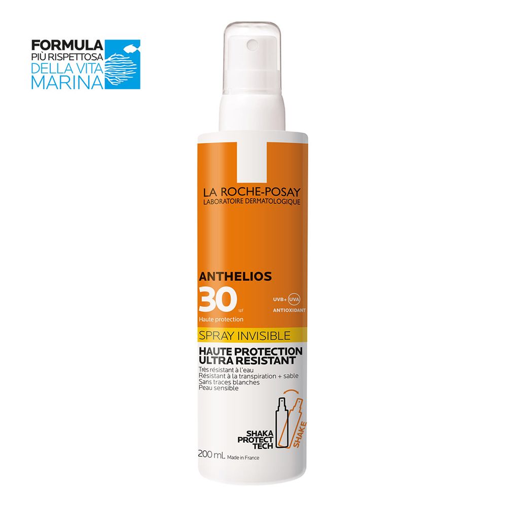 La Roche-Posay Anthelios Spray LSF30. Flacon blanc avec vaporisateur. Informations produit et logo.