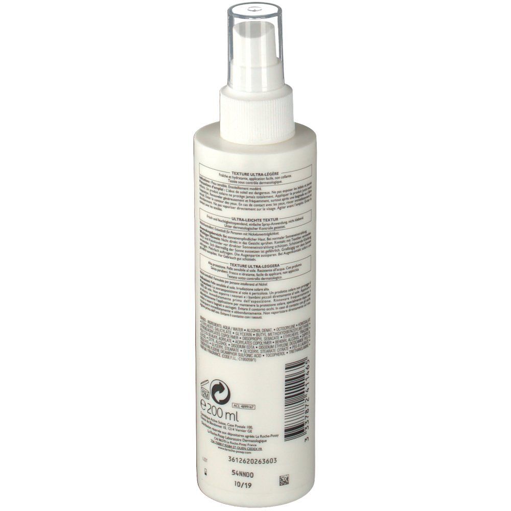 La Roche-Posay Anthelios Spray LSF30. Dos du flacon. Informations textuelles sur fond blanc.