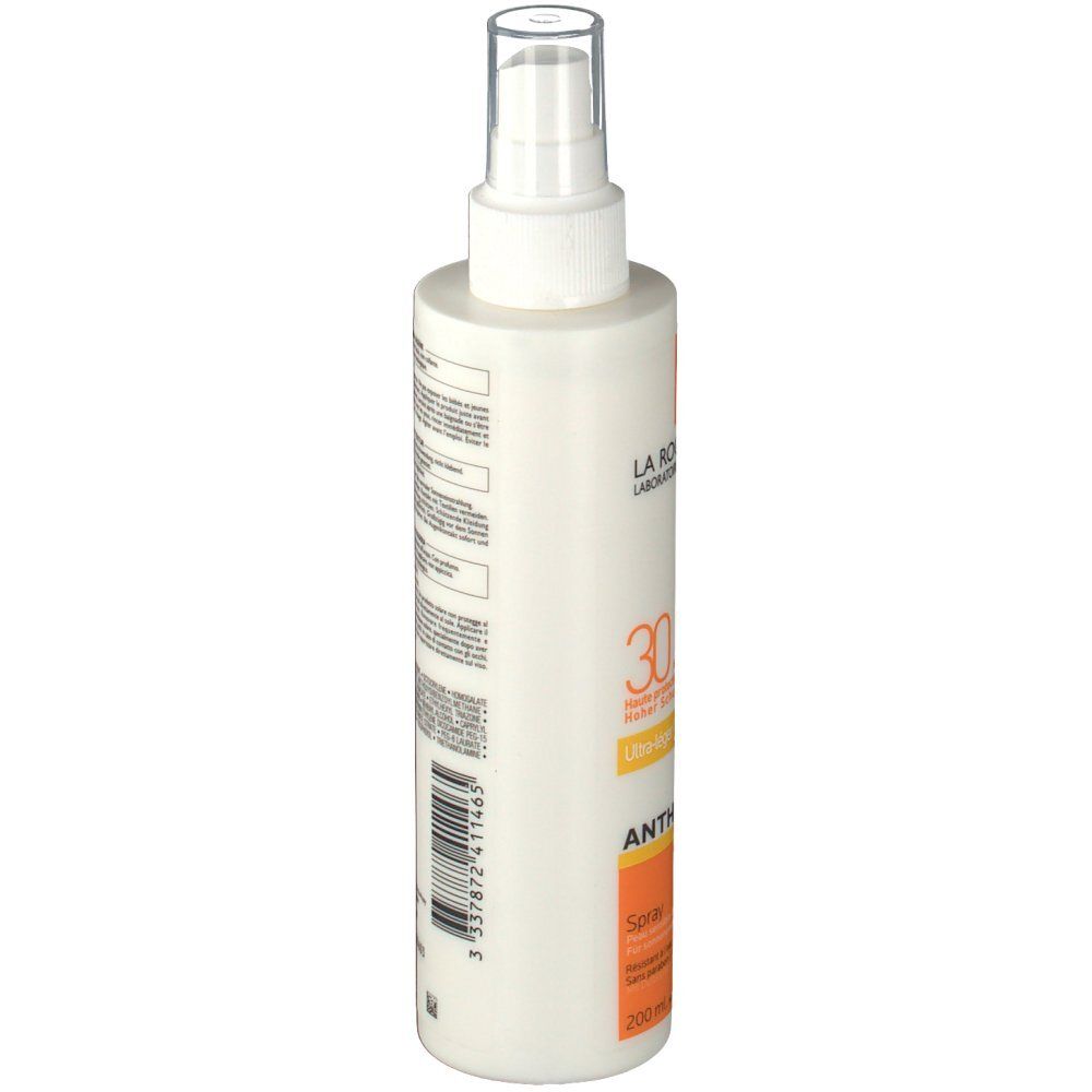 La Roche-Posay Anthelios Spray LSF30. Flacon de côté. Informations textuelles sur fond blanc.