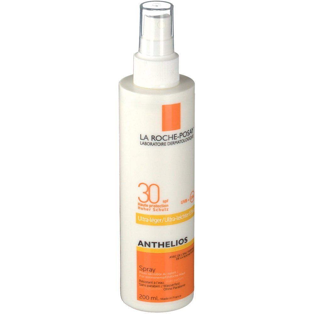 La Roche-Posay Anthelios Spray LSF30. Flacon blanc avec étiquette orange. Vaporisateur.