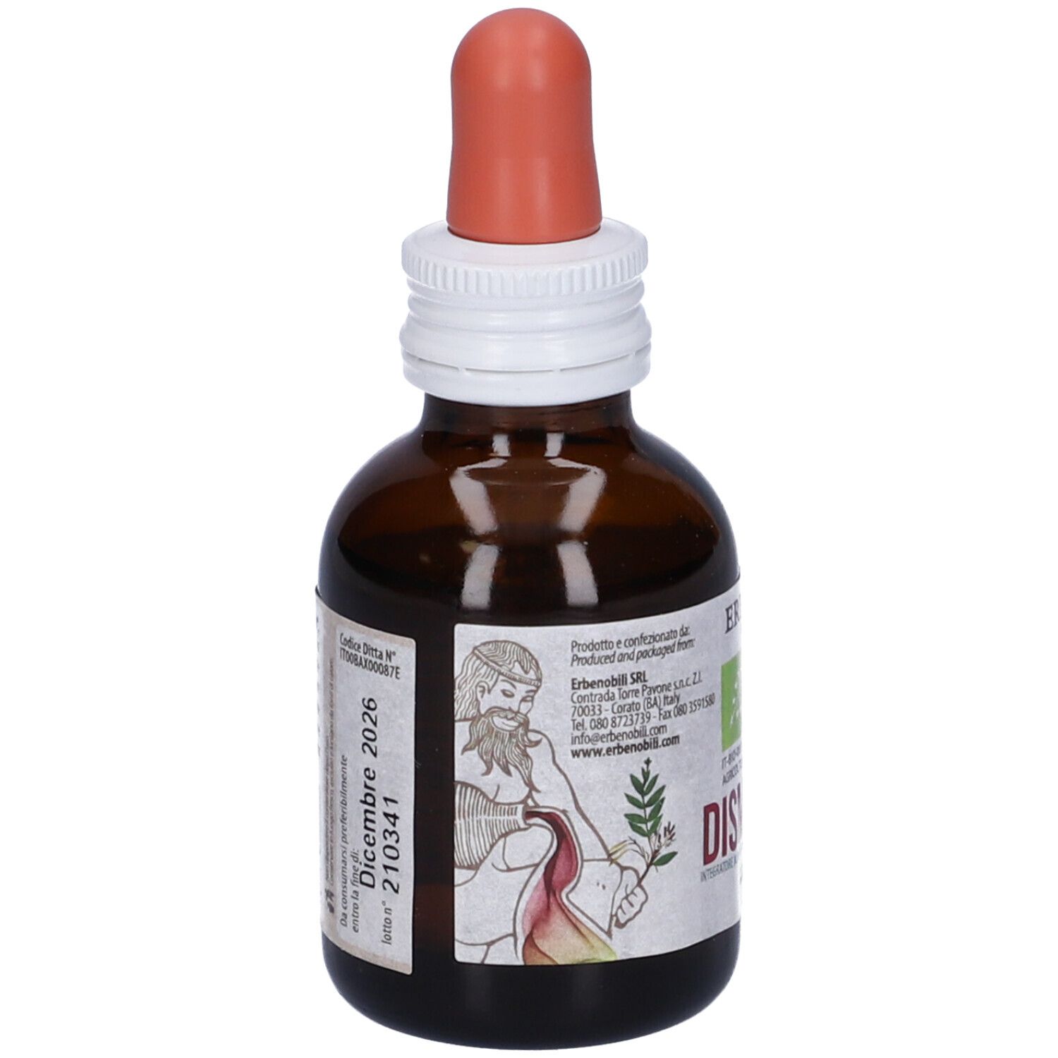 Braune Glasflasche mit Pipette. Auf dem Etikett steht 'Dismenovin'.