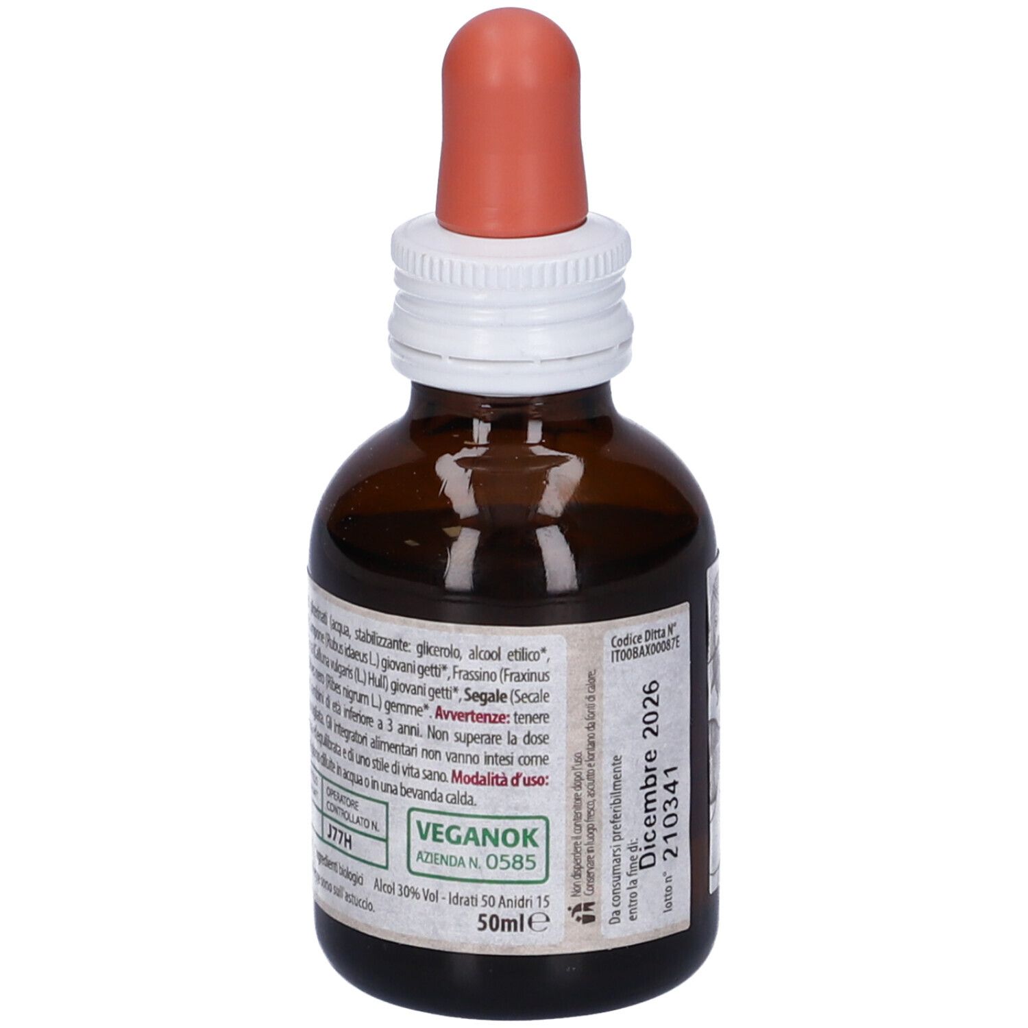 Braune Glasflasche mit Pipette. Etikett mit Text und 'Dismenovin'.