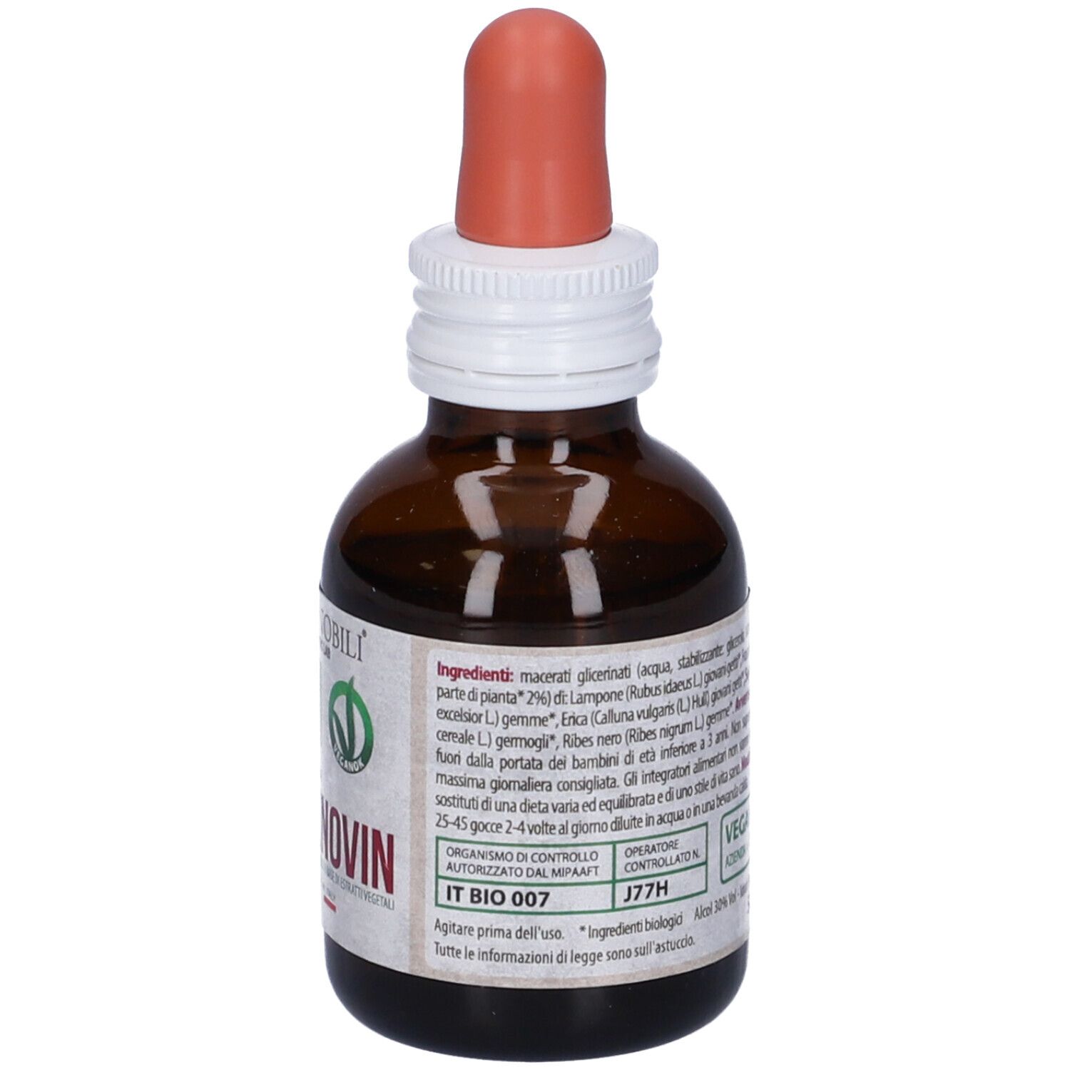 Braune Glasflasche mit Pipette. Etikett mit Text und 'Dismenovin'.