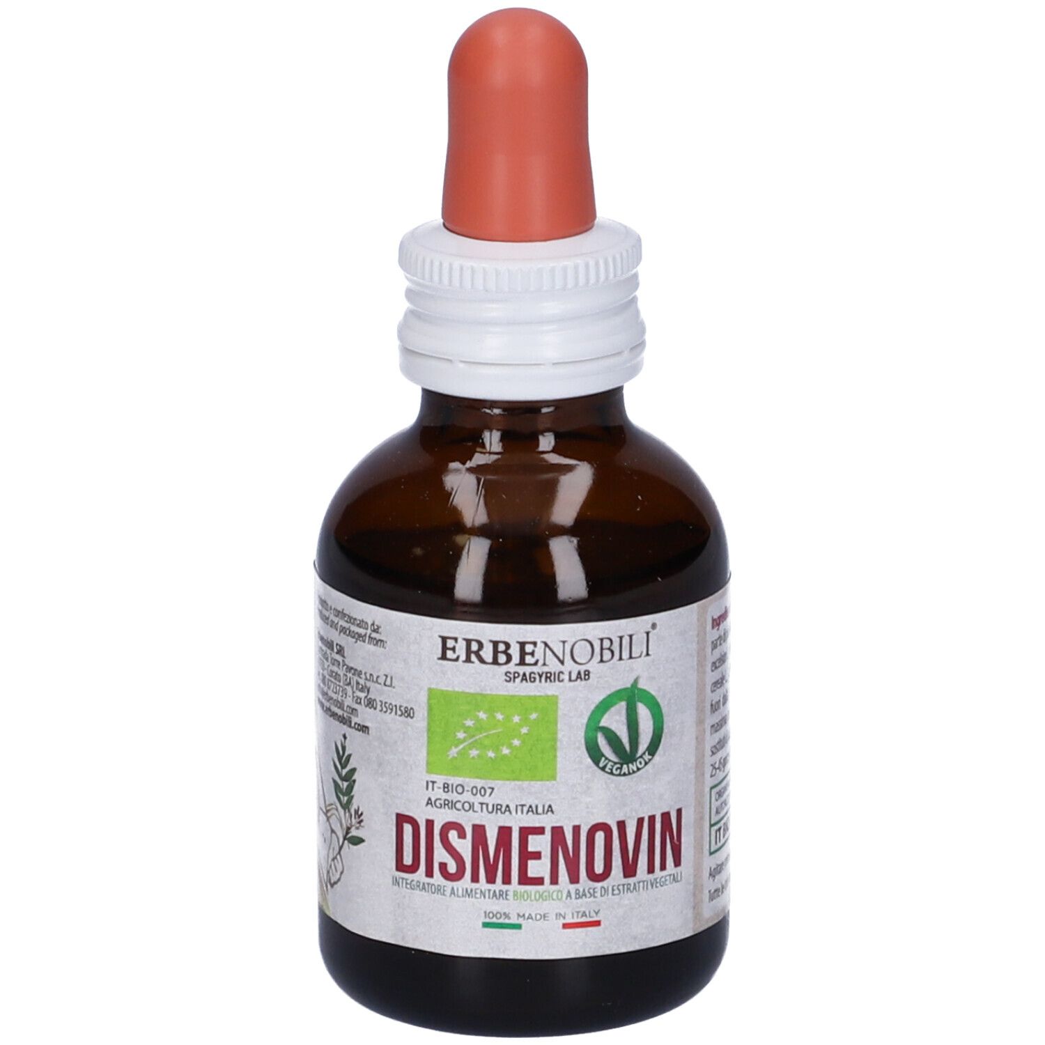 Braune Glasflasche mit Pipette. Etikett mit Text und 'Dismenovin'.