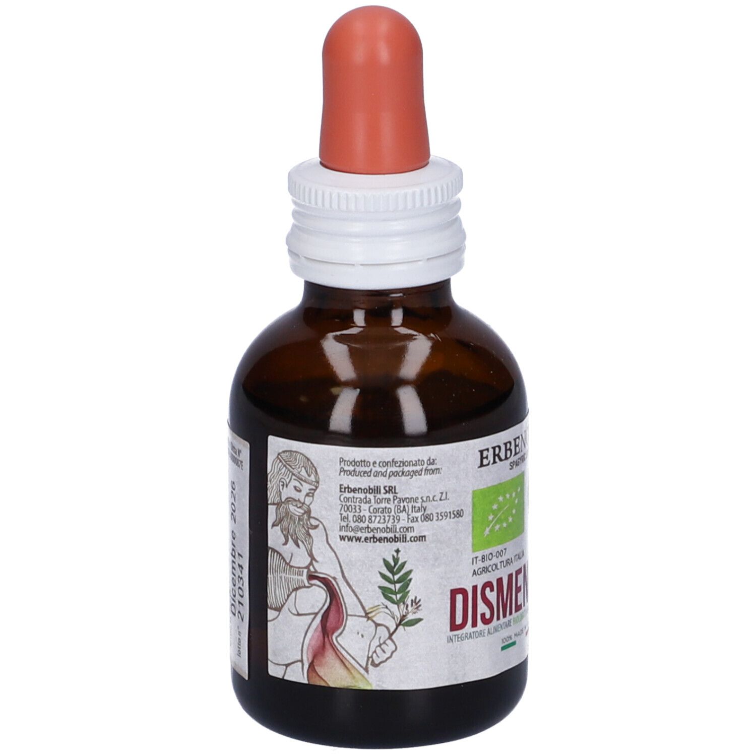 Braune Glasflasche mit Pipette. Etikett mit Text und 'Dismenovin'.
