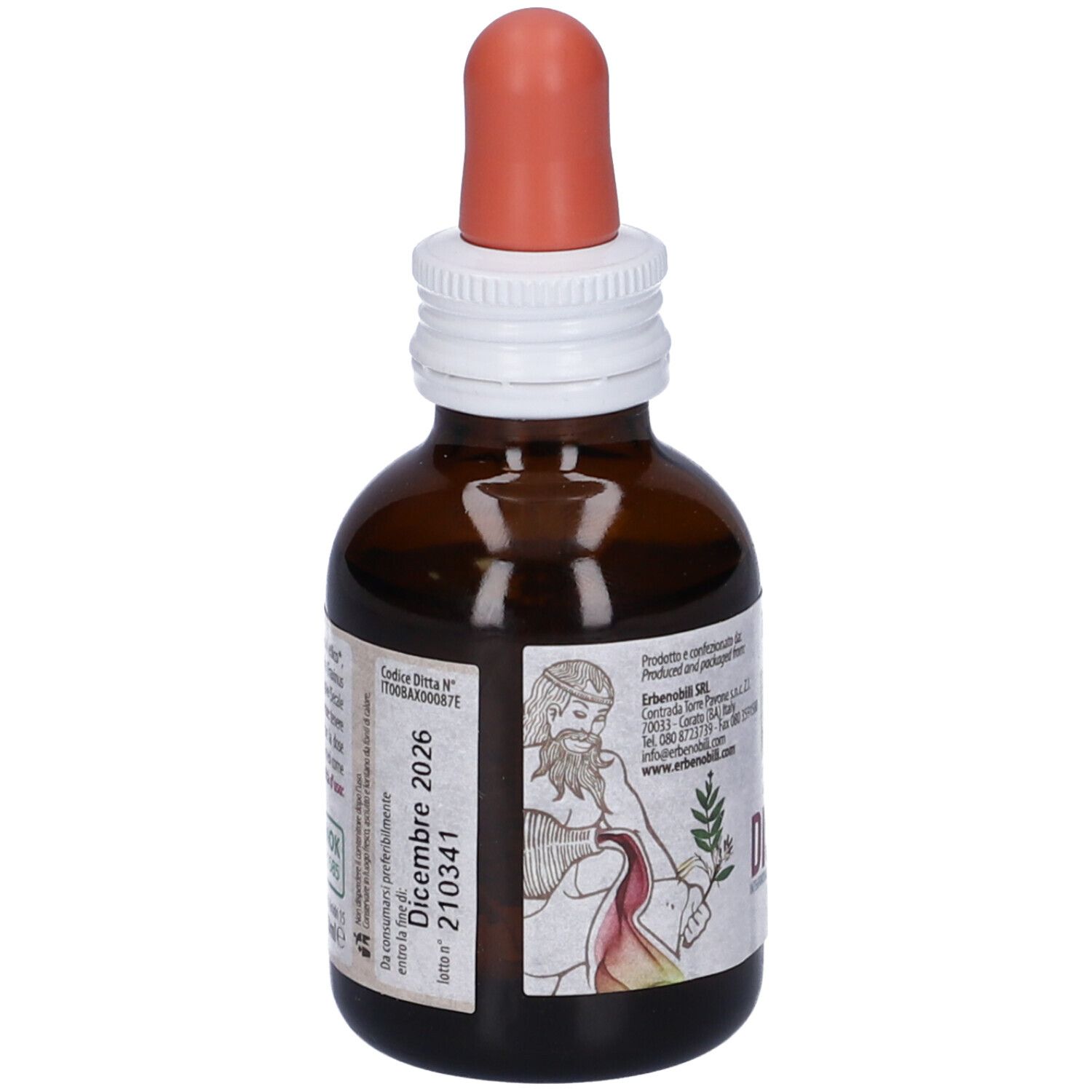 Braune Glasflasche mit Pipette. Etikett mit Text und 'Dismenovin'.