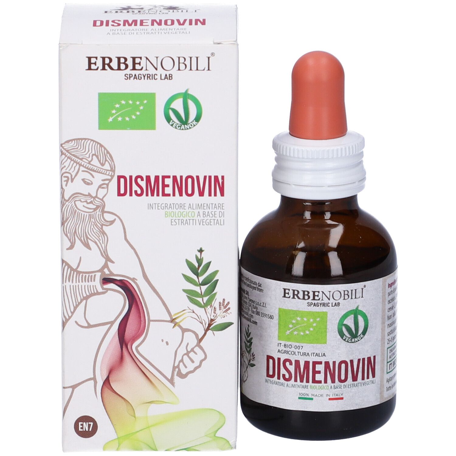 Braune Glasflasche mit Pipette und Karton. Auf dem Karton und der Flasche steht 'Dismenovin'.