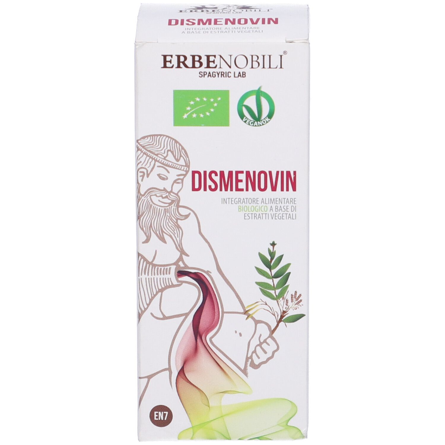 Karton mit 'Dismenovin'. Abbildung einer Person und Pflanzen.