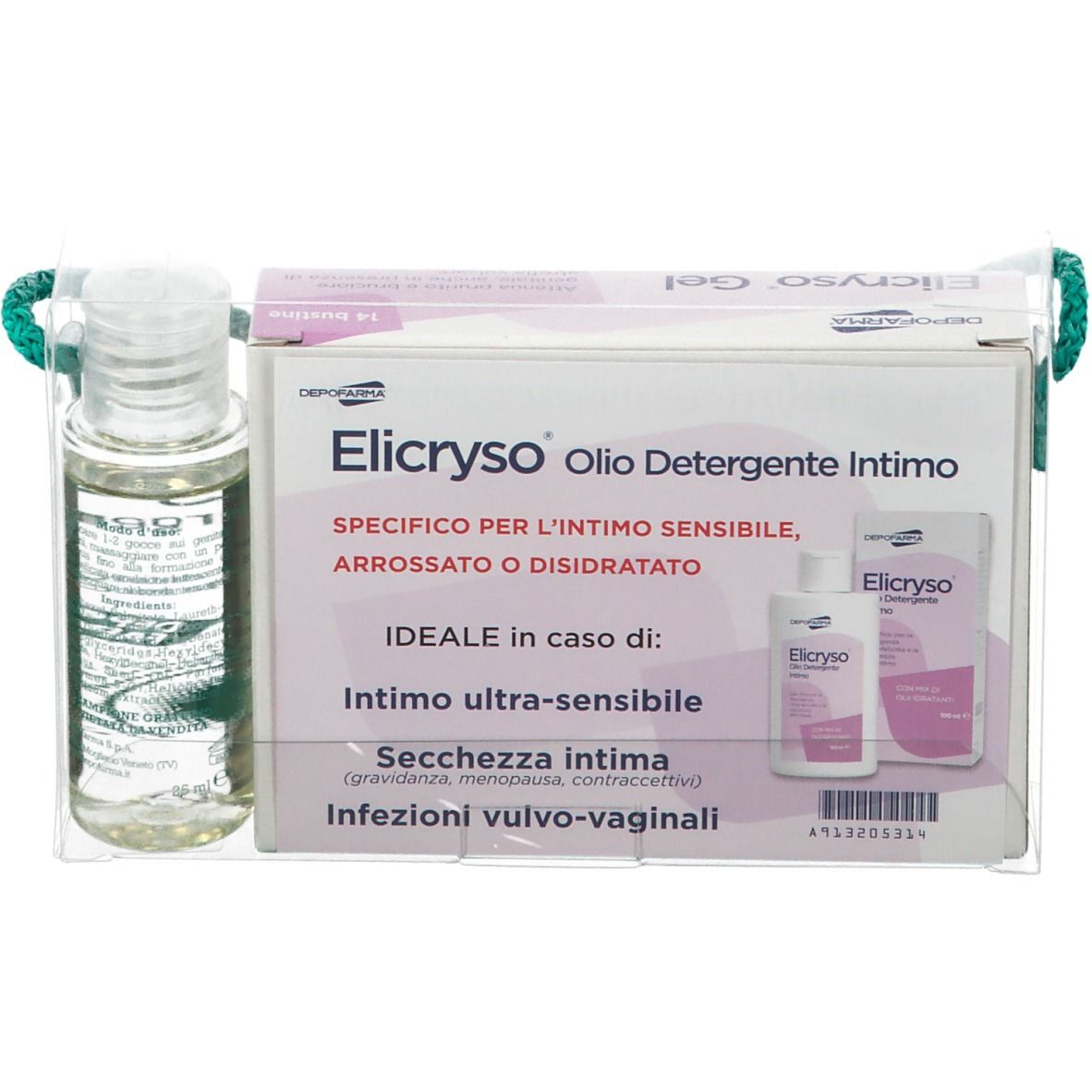 Flacon blanc avec étiquette Elicryso, Olio Detergente Intimo. Fond rose.