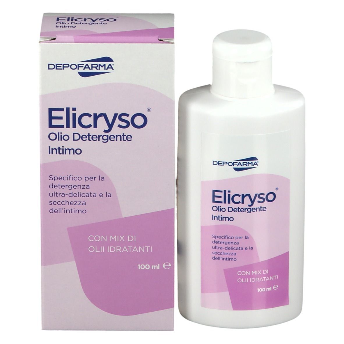 Flacon blanc et boîte. Inscription : Elicryso, Olio Detergente Intimo. Fond rose. 100 ml.
