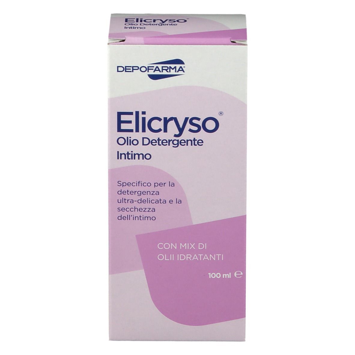 Boîte avec inscription : Elicryso, Olio Detergente Intimo. Fond rose. 100 ml.