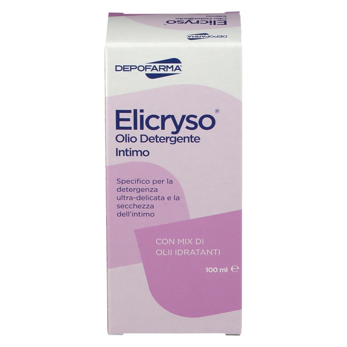Boîte avec inscription : Elicryso, Olio Detergente Intimo. Fond rose. 100 ml.