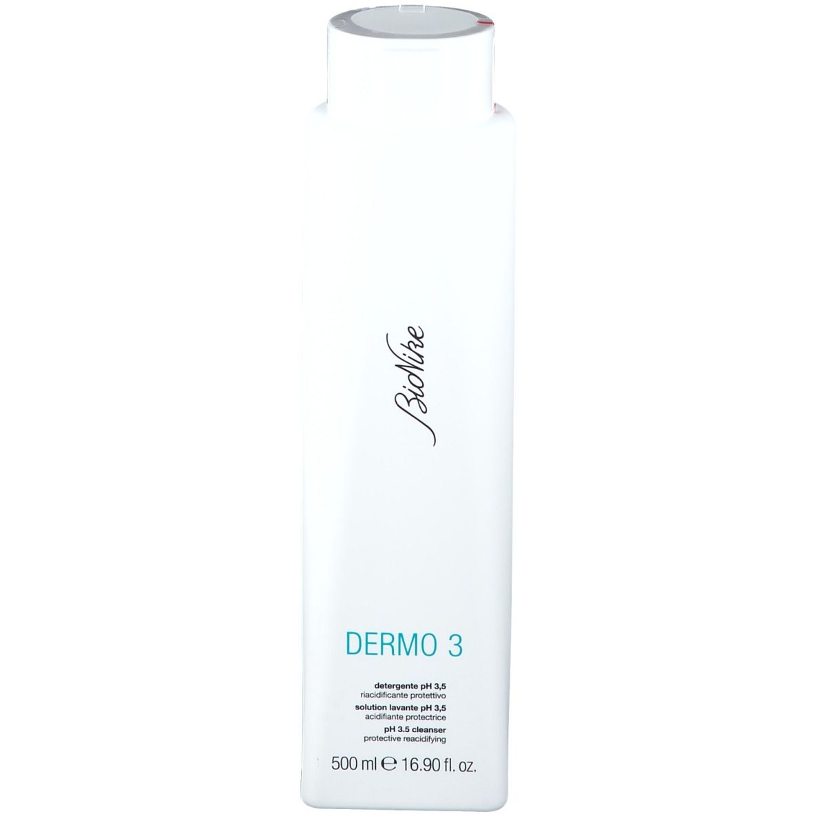 Weißes, rechteckiges Fläschchen mit Schraubverschluss. Aufschrift: BioNike, DERMO 3, pH 3,5. Volumenangabe: 500 ml.