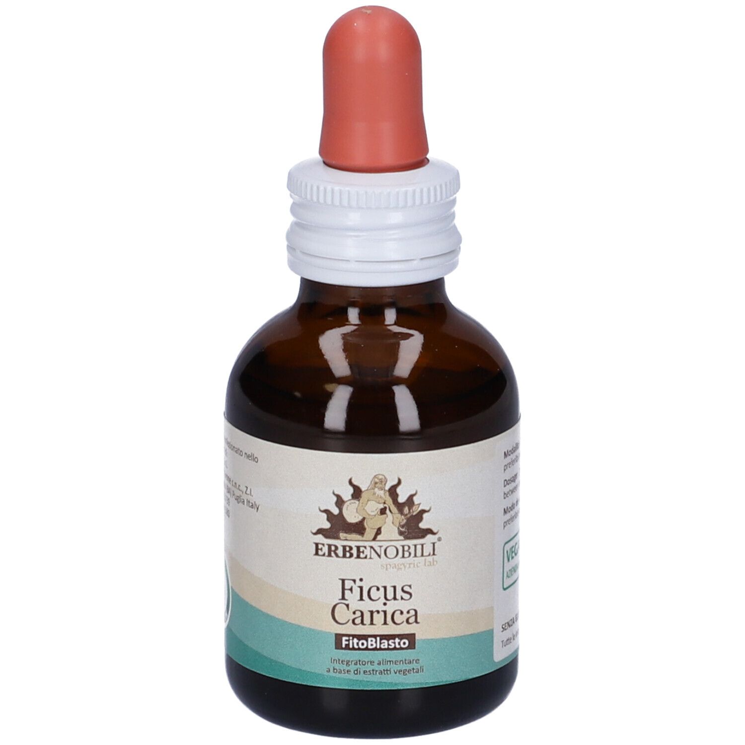 Braune Glasflasche mit Tropfer. Aufschrift: Erbenobili, Ficus Carica, FitoBlasto. Braune und weiße Farbtöne.