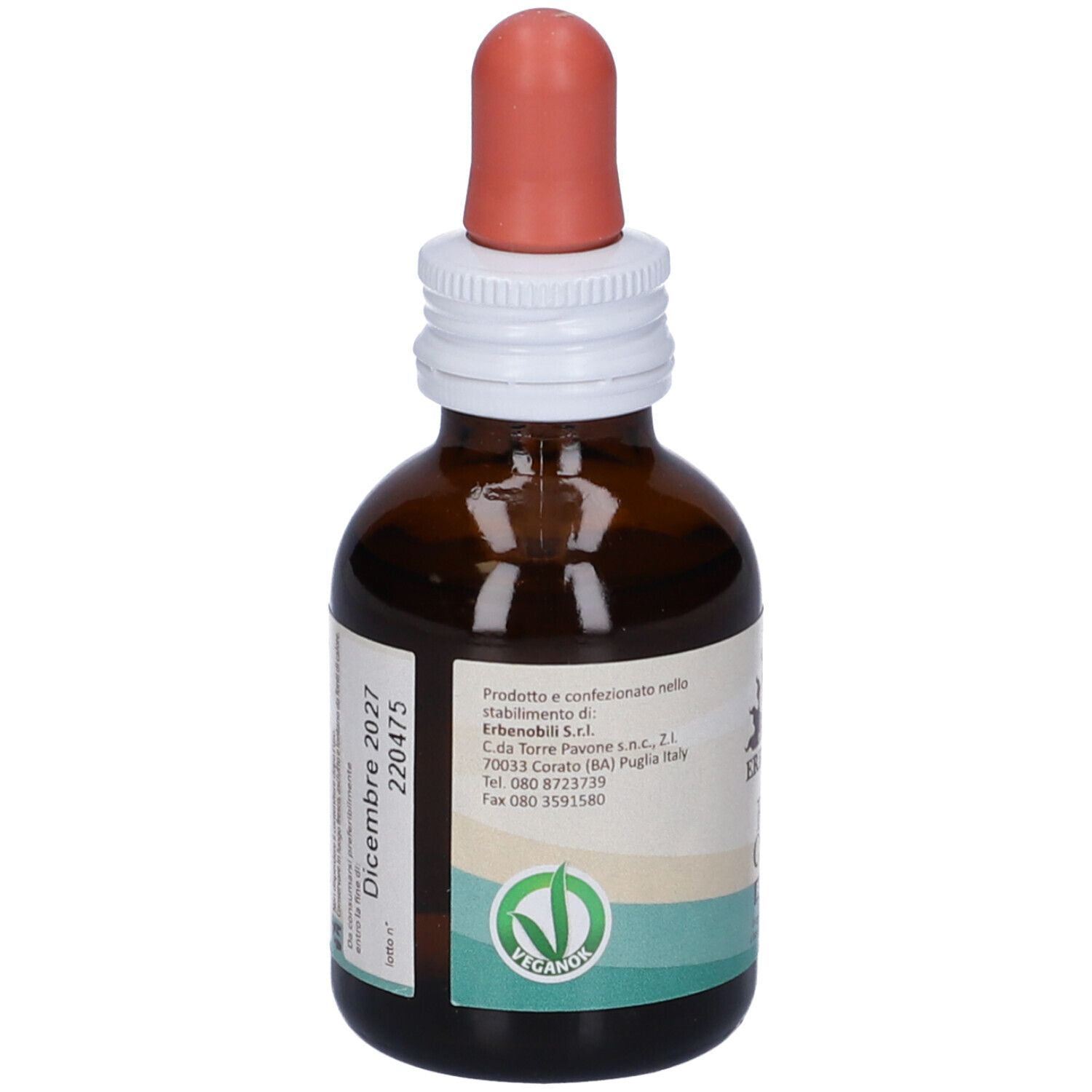 Braune Glasflasche mit Tropfer. Aufschrift: Erbenobili, Ficus Carica, FitoBlasto. Vegan-Logo. Verfallsdatum.