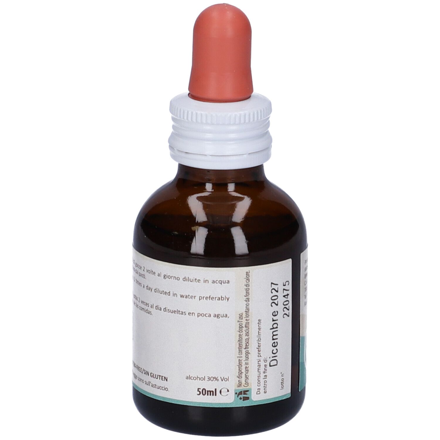 Braune Glasflasche mit Tropfer. Aufschrift: Erbenobili, Ficus Carica, FitoBlasto. Alkohol 30% vol. 50ml. Verfallsdatum.