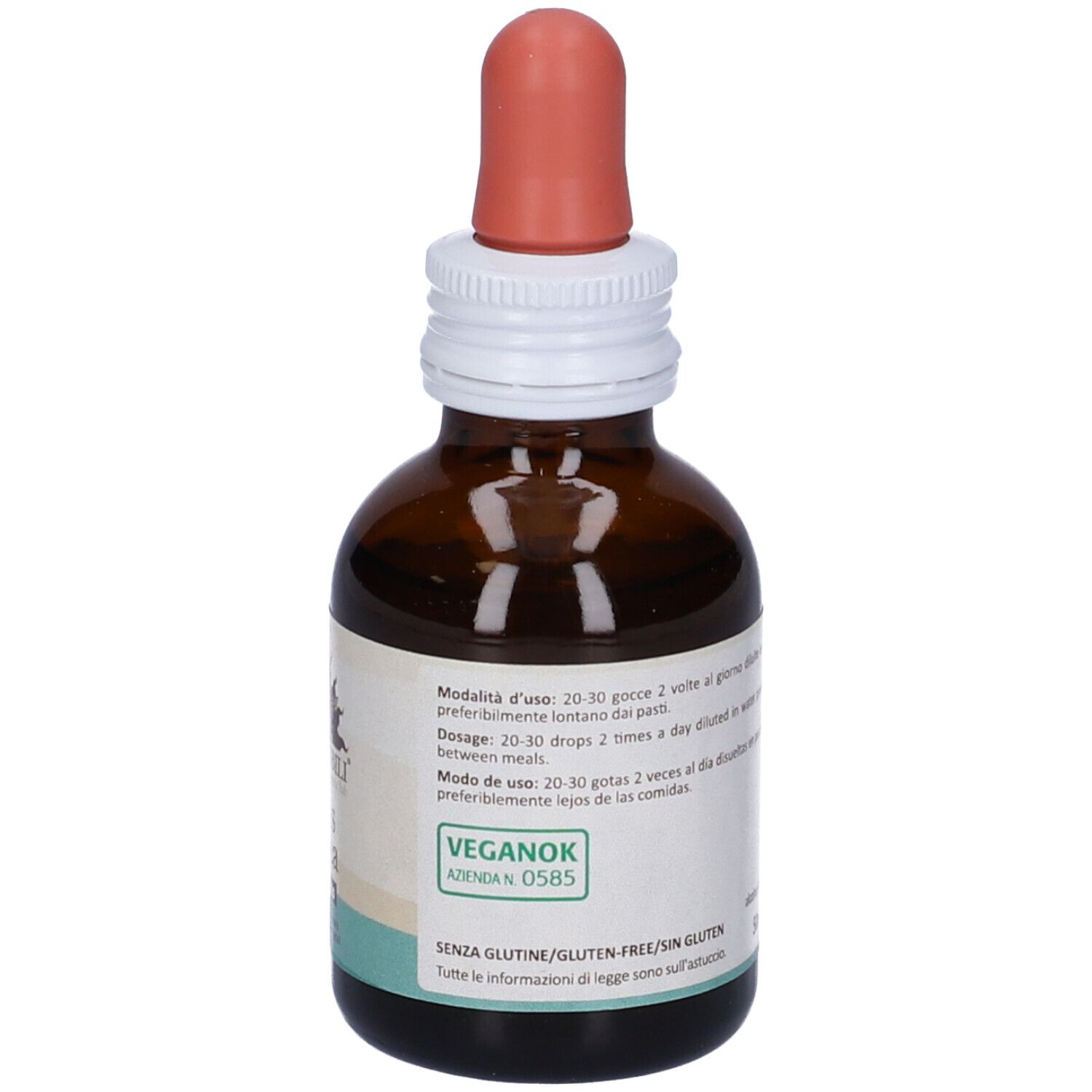 Braune Glasflasche mit Tropfer. Aufschrift: Erbenobili, Ficus Carica, FitoBlasto. Vegan-Logo. Dosierung.