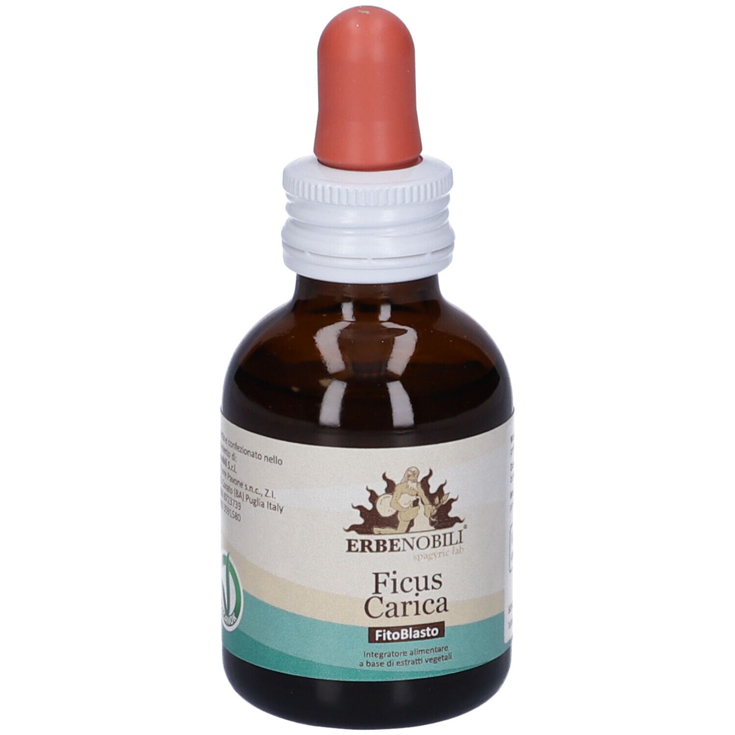 Braune Glasflasche mit Tropfer. Aufschrift: Erbenobili, Ficus Carica, FitoBlasto. Vegan-Logo. Braune und weiße Farbtöne.