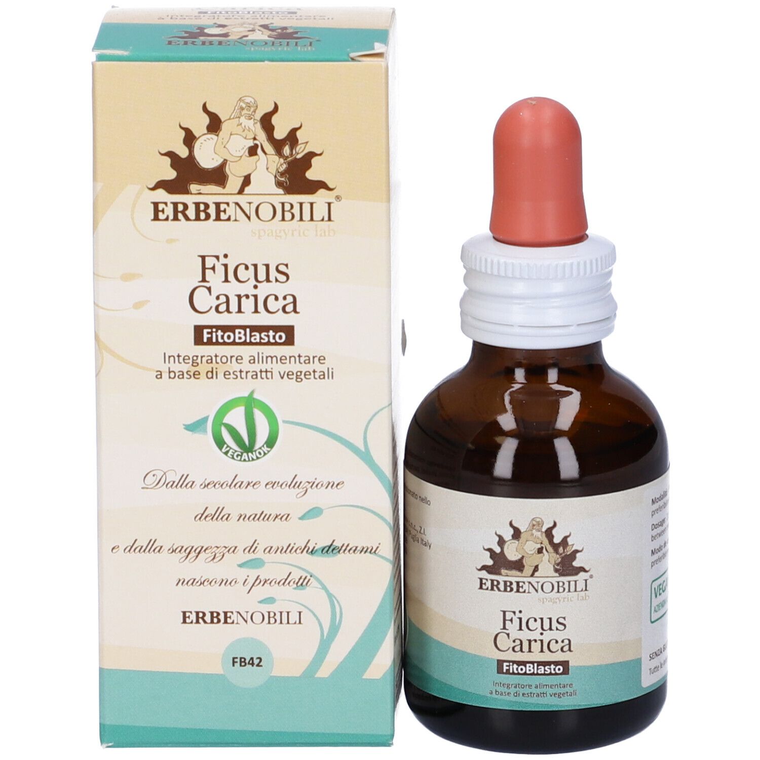 Produktflasche und -verpackung. Aufschrift: Erbenobili, Ficus Carica, FitoBlasto. Vegan-Logo. Braune und grüne Farbtöne.