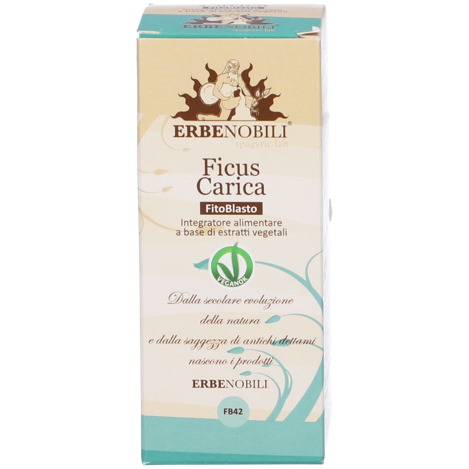 Produktverpackung. Aufschrift: Erbenobili, Ficus Carica, FitoBlasto. Vegan-Logo. Braune und grüne Farbtöne.