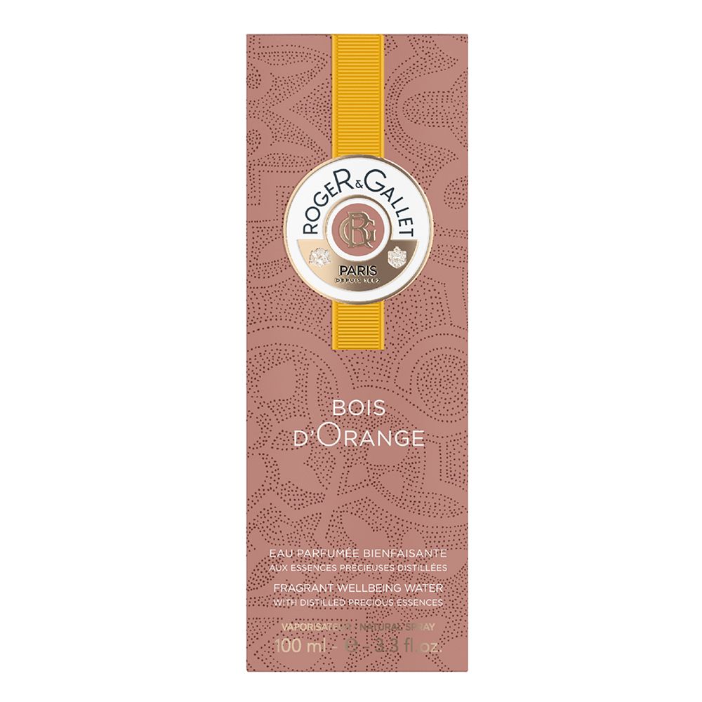 Kartonverpackung in Braun mit gelbem Streifen. Logo und Text: Bois d'Orange. 100 ml.
