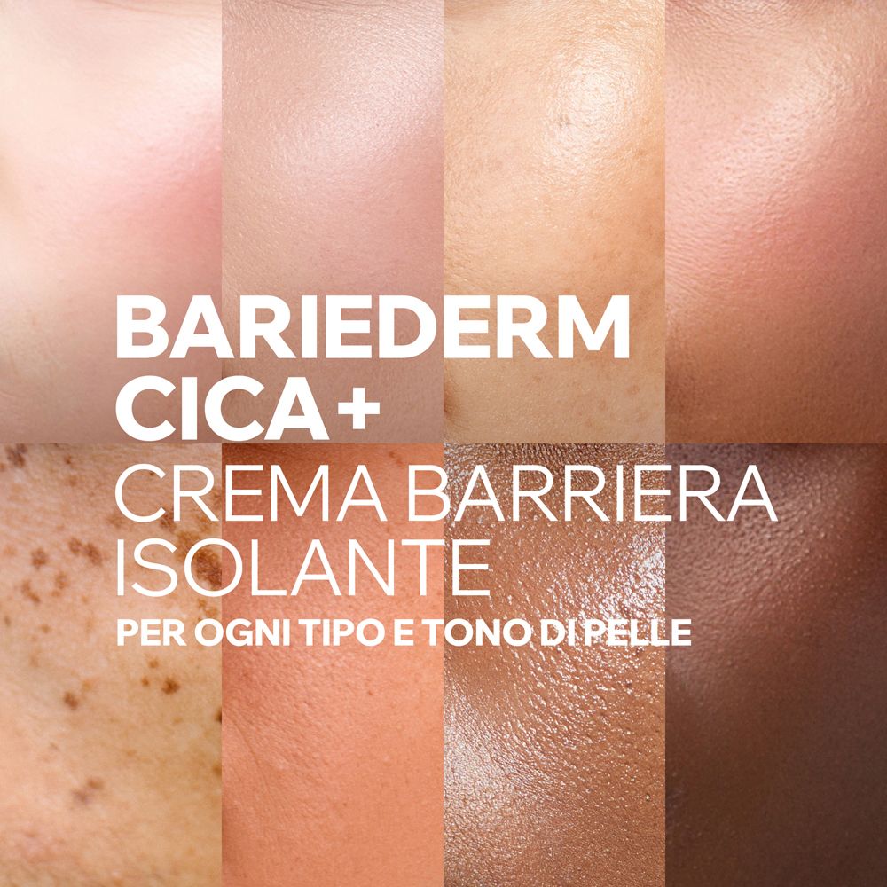 Hautpartien verschiedener Töne mit Text: Bariéderm Cica+ Crema Barriera Isolante.