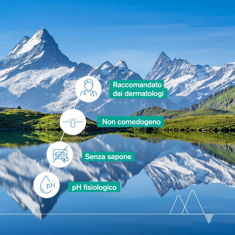 Landschaft mit Bergen und See. Text: Empfohlen von Dermatologen, nicht komedogen, ohne Seife, physiologischer pH-Wert.