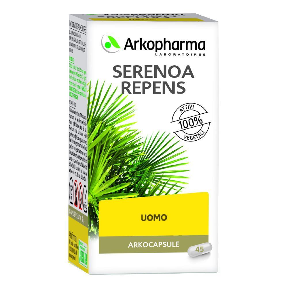 Weißer Karton mit Arkopharma-Logo und Serenoa Repens. Gelber Bereich mit 'UOMO' und 'Arkocapsule'.