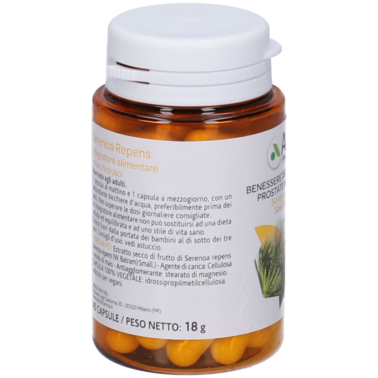 Braune Flasche mit weißen Deckel. Arkopharma-Logo, Serenoa Repens, 45 Kapseln. Gelbe Kapseln sichtbar.