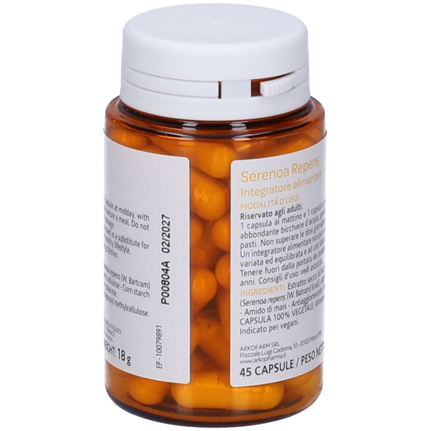 Braune Flasche mit weißen Deckel. Arkopharma-Logo, Serenoa Repens, 45 Kapseln. Gelbe Kapseln sichtbar.