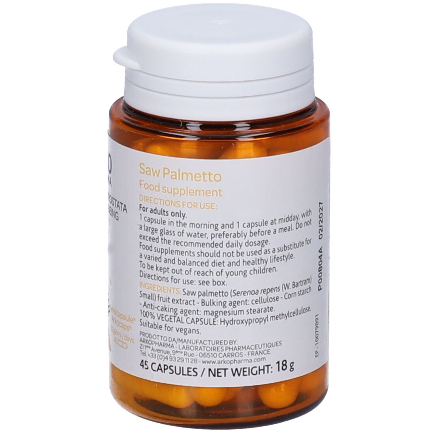 Braune Flasche mit weißen Deckel. Arkopharma-Logo, Serenoa Repens, 45 Kapseln. Gelbe Kapseln sichtbar.