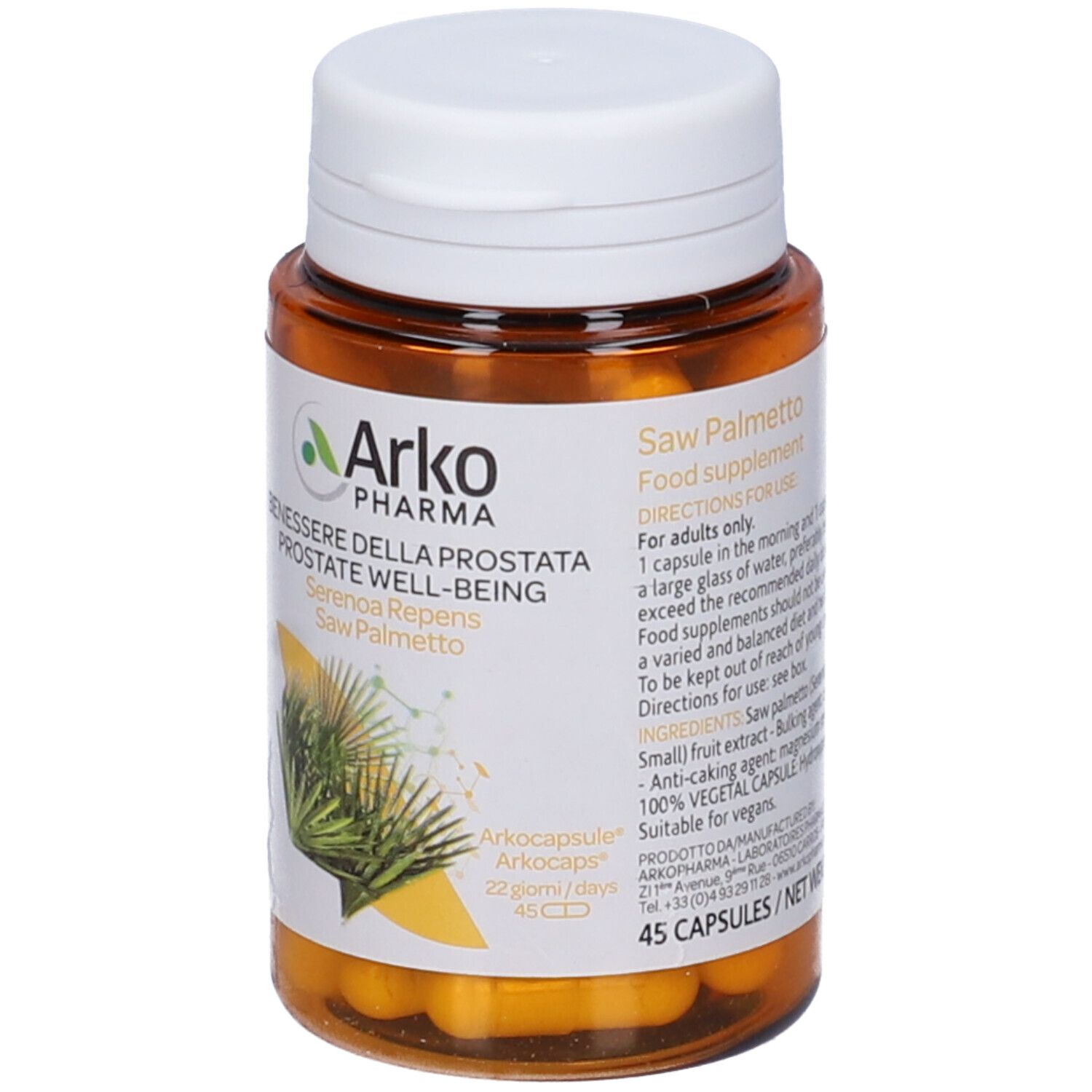 Braune Flasche mit weißen Deckel. Arkopharma-Logo, Serenoa Repens, 45 Kapseln. Gelbe Kapseln sichtbar.