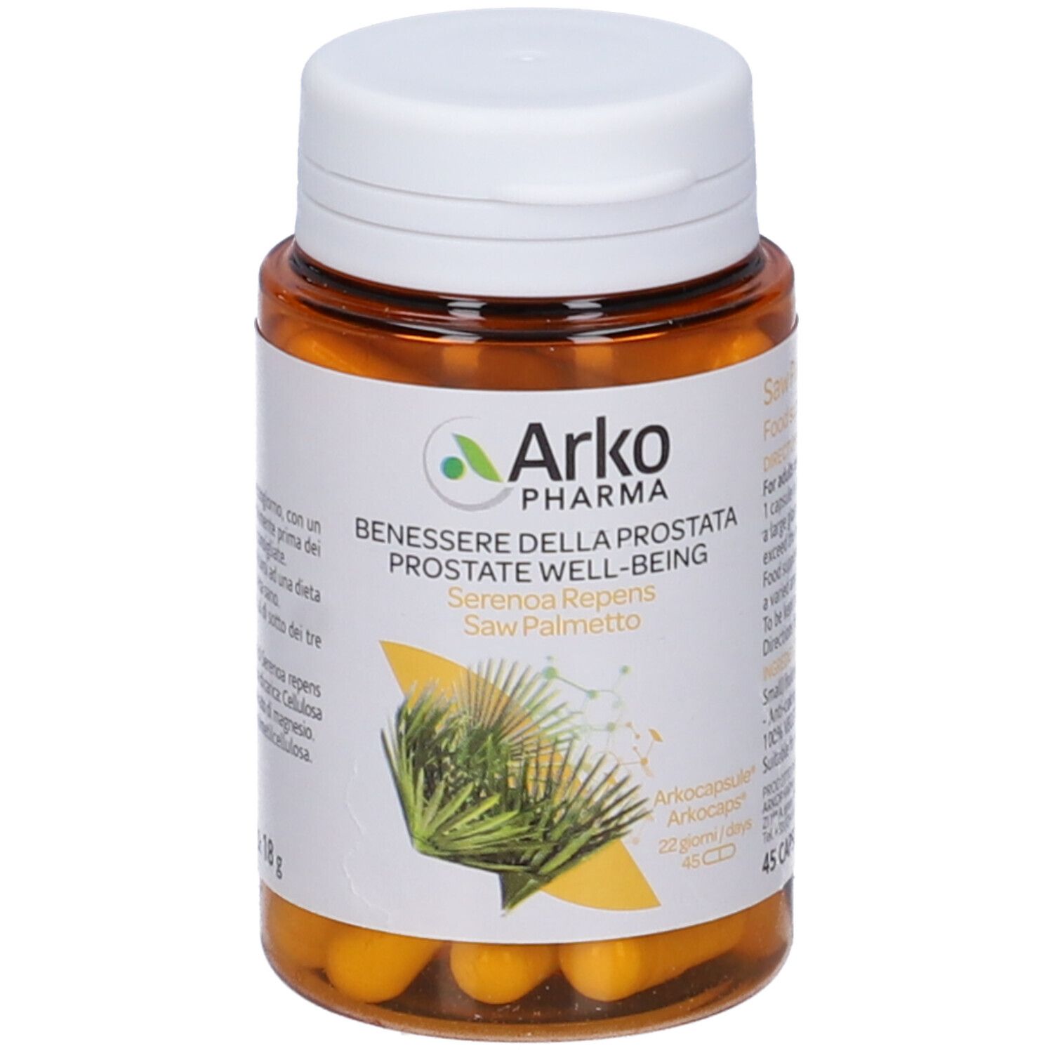 Braune Flasche mit weißen Deckel. Arkopharma-Logo, Serenoa Repens, 45 Kapseln. Gelbe Kapseln sichtbar.