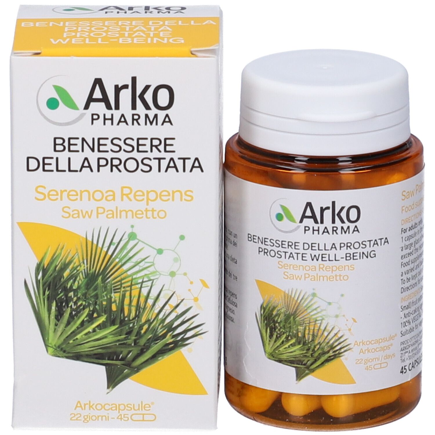 Braune Flasche und Karton. Arkopharma-Logo, Serenoa Repens, 45 Kapseln. Gelbe Kapseln sichtbar.