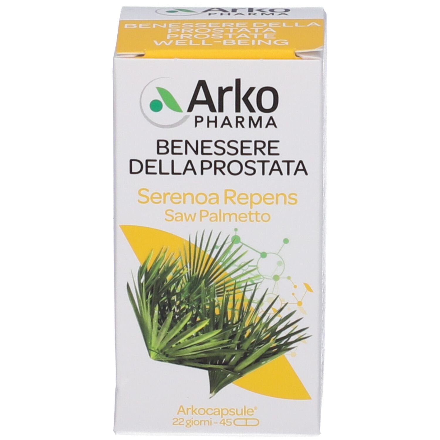 Weißer Karton mit Arkopharma-Logo, Serenoa Repens. Gelber Bereich mit 'Arkocapsule'.