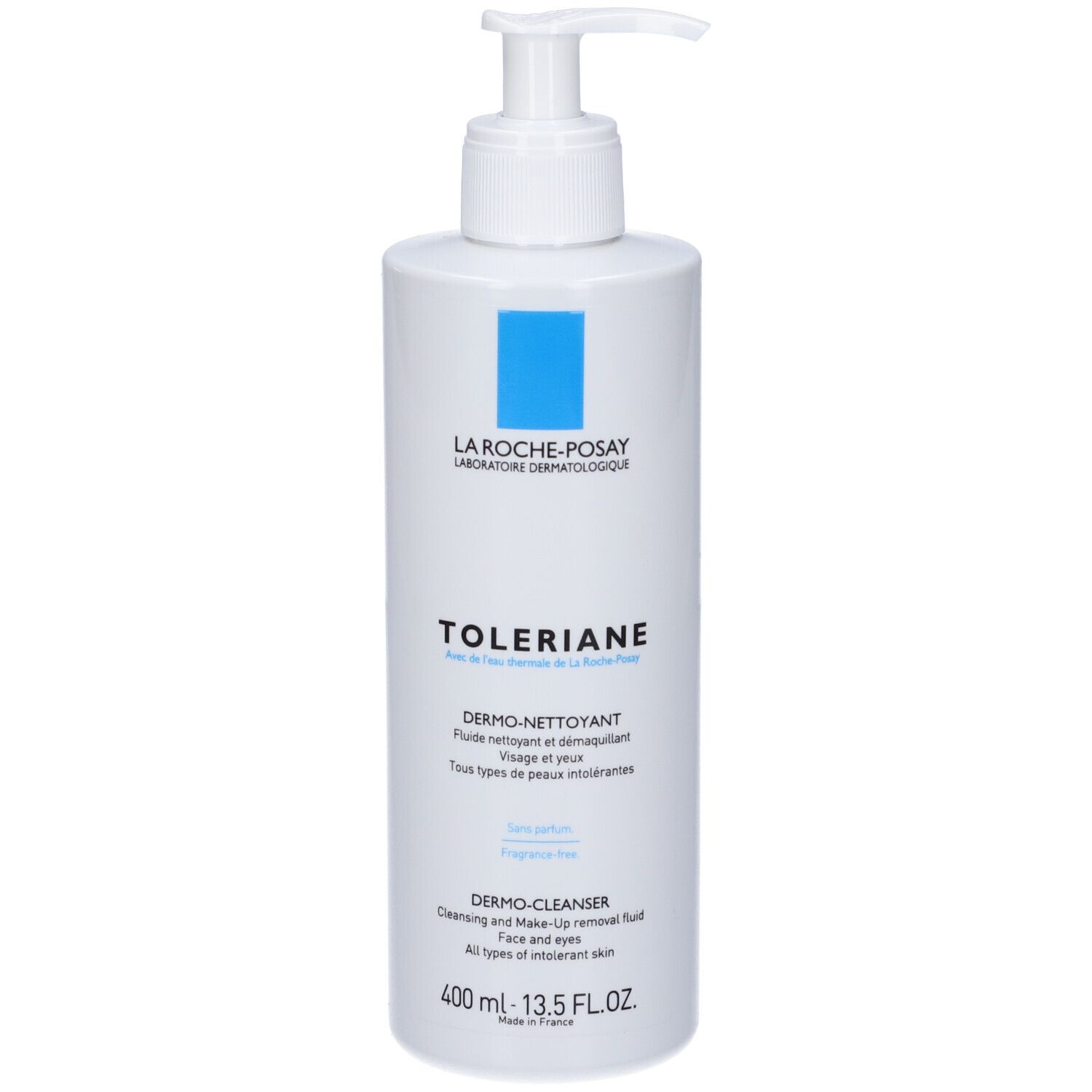 Weißer Spender mit blauem Logo. Aufschrift: LA ROCHE-POSAY, Toleriane Dermo-Nettoyant.