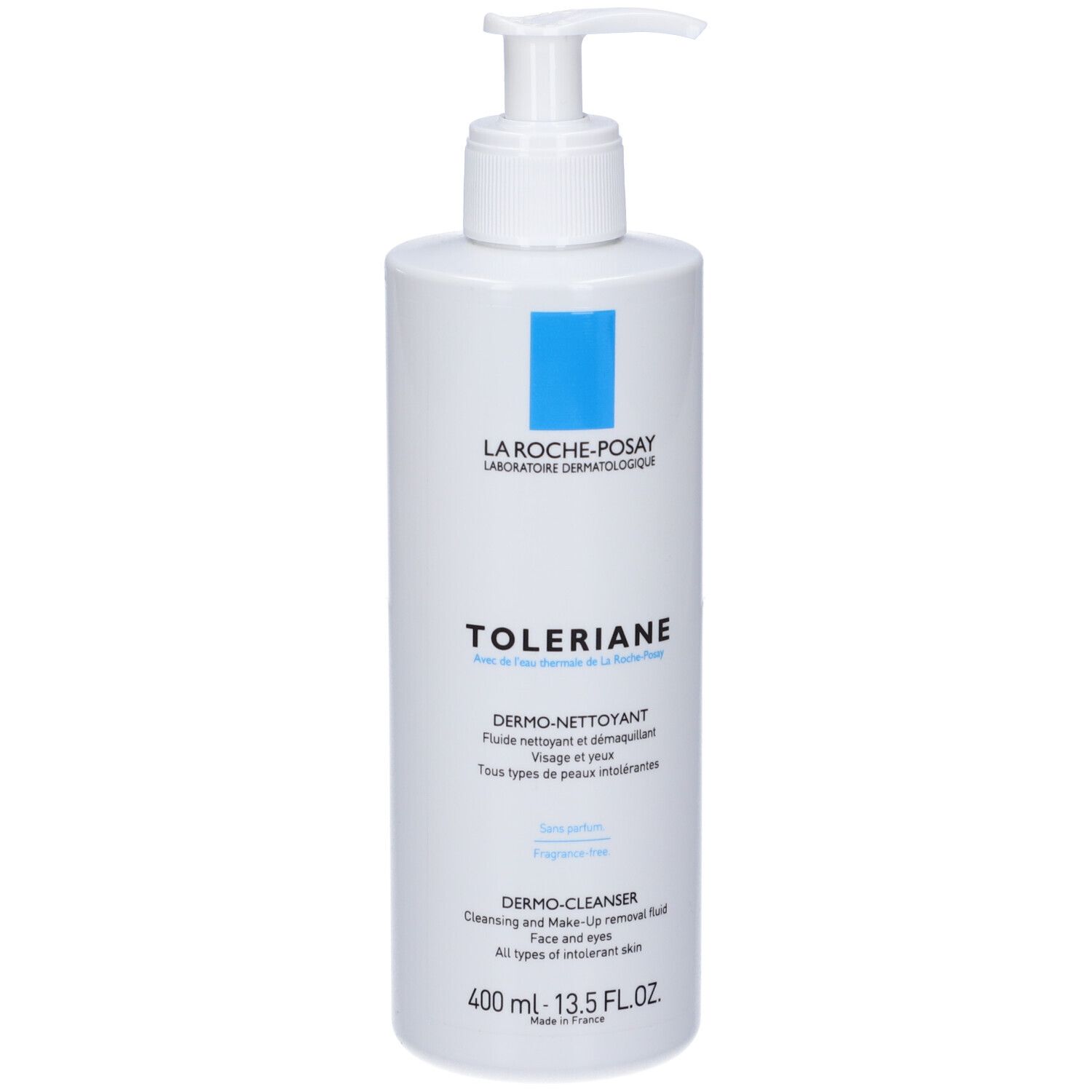 Weißer Spender mit blauem Logo. Aufschrift: LA ROCHE-POSAY, Toleriane Dermo-Nettoyant.