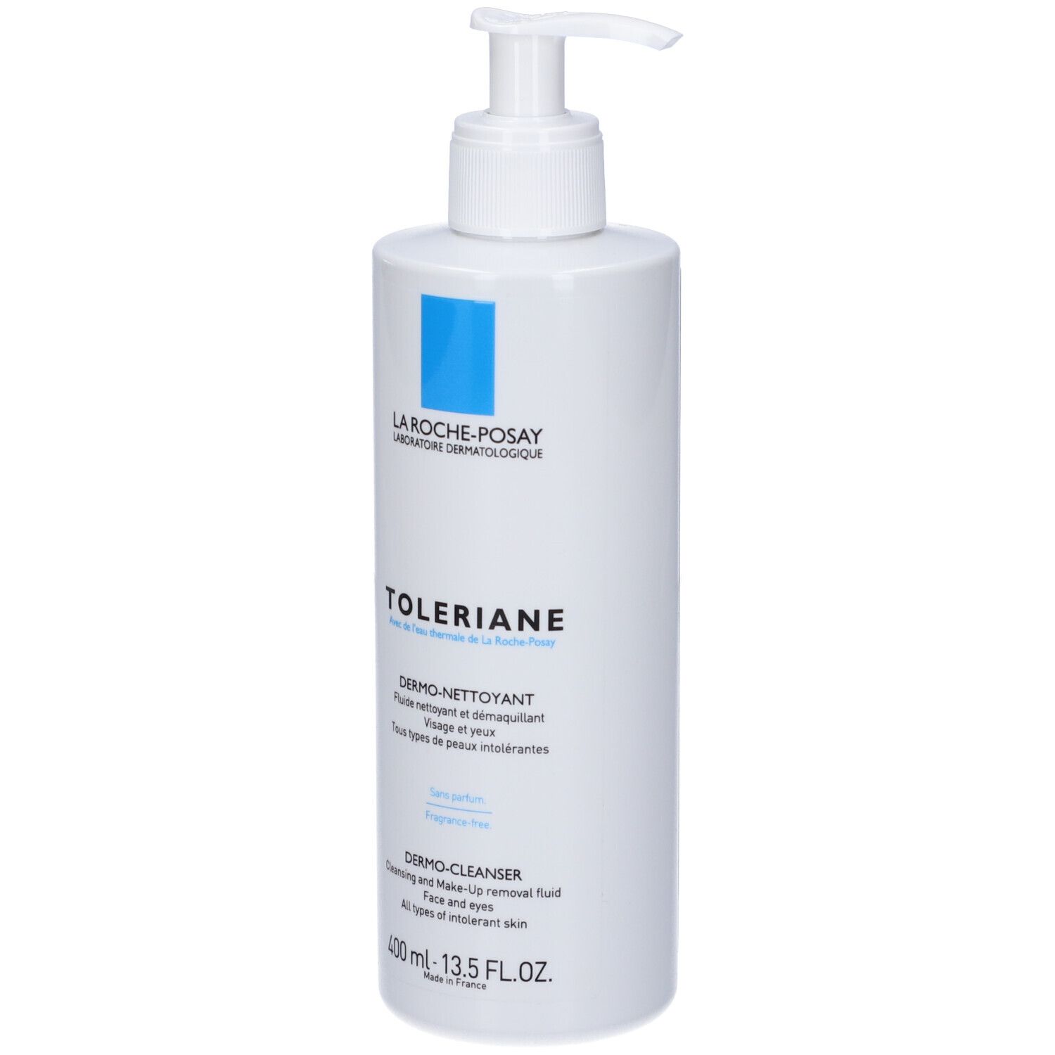Weißer Spender mit blauem Logo. Aufschrift: LA ROCHE-POSAY, Toleriane Dermo-Nettoyant.