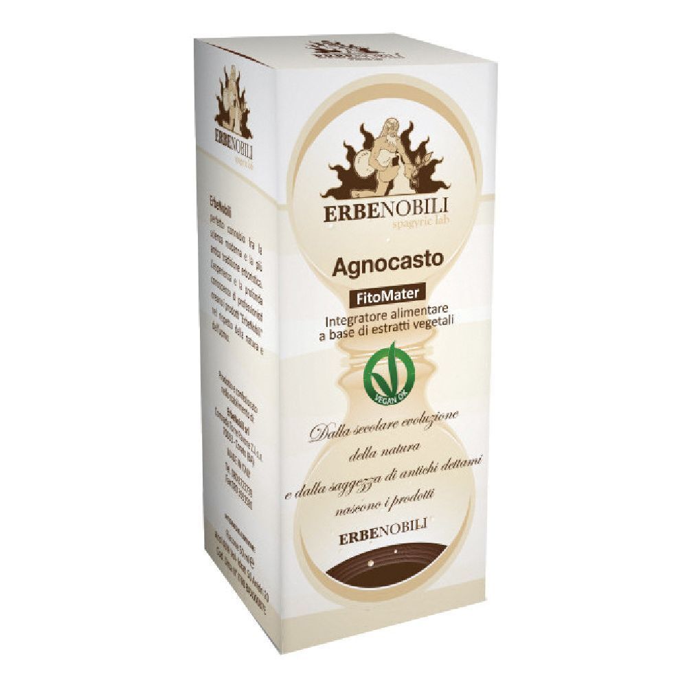 ERBENOBILI® Agnocasto Fitomater, Verpackung. Weißer Karton mit Produktinformationen und Logo.