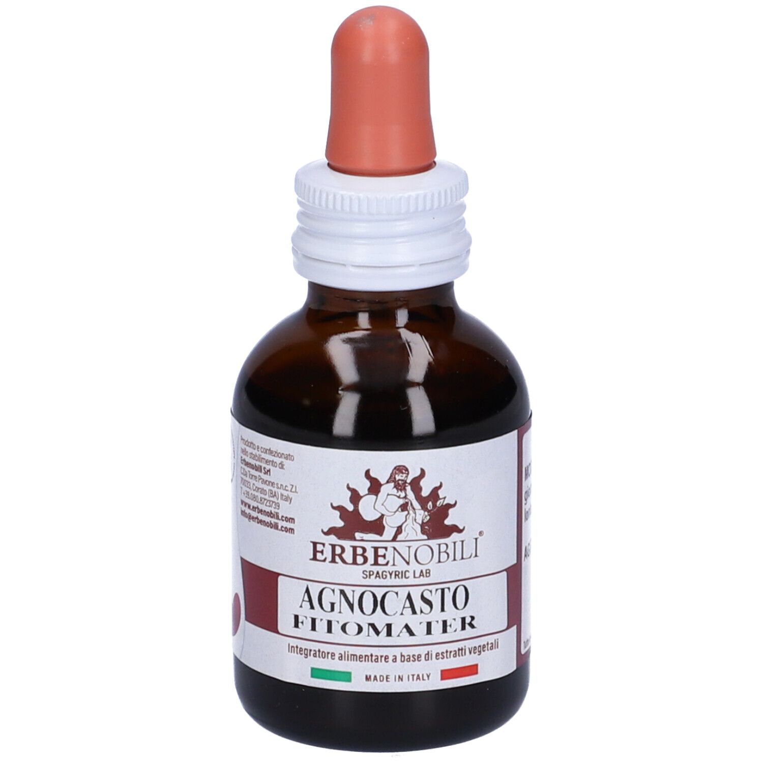 Braune Glasflasche mit Tropfer. Etikett mit Produktnamen Agnocasto Fitomater und Logo ERBENOBILI®.