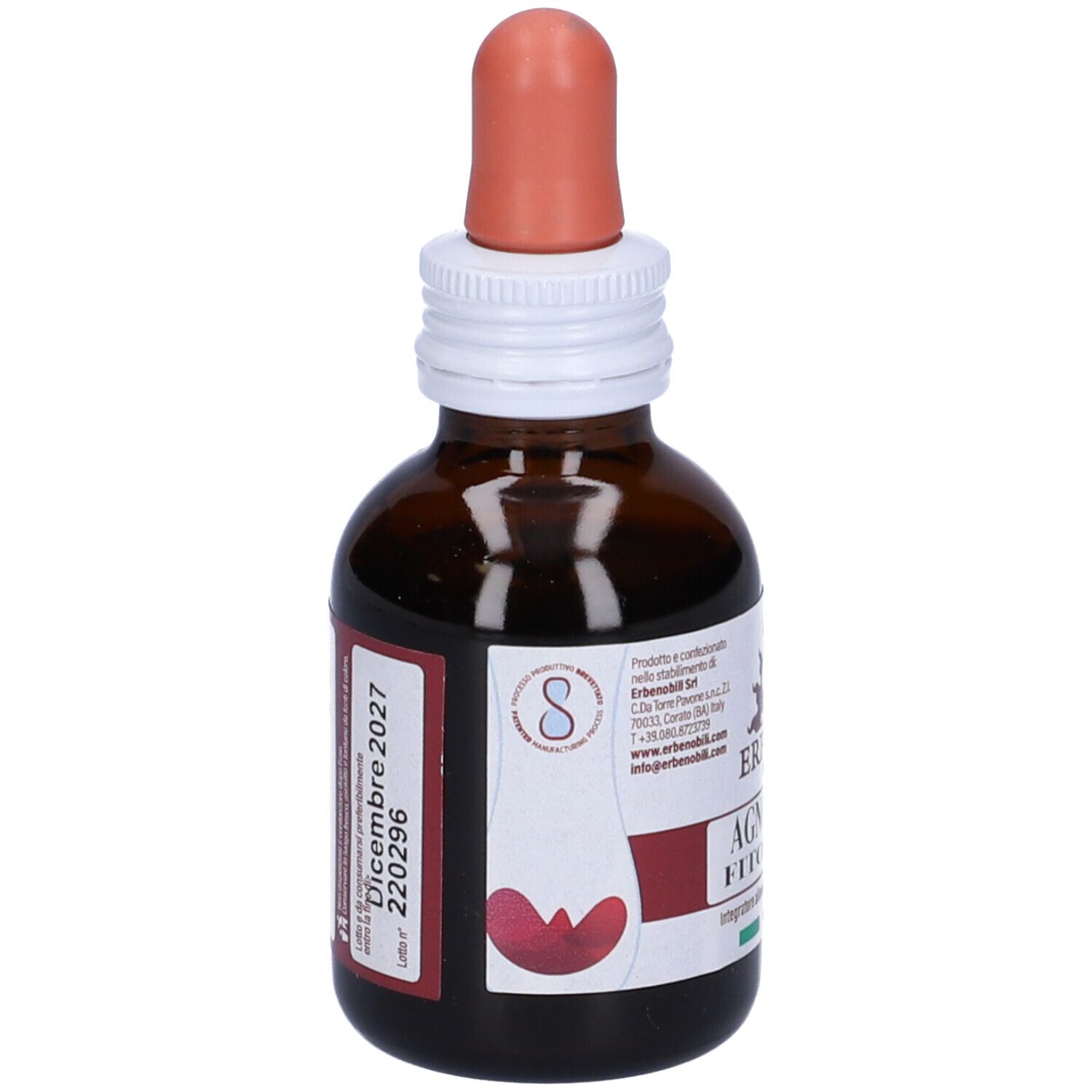 Braune Glasflasche mit Tropfer. Etikett mit Produktnamen Agnocasto Fitomater, Logo ERBENOBILI® und Haltbarkeitsdatum.