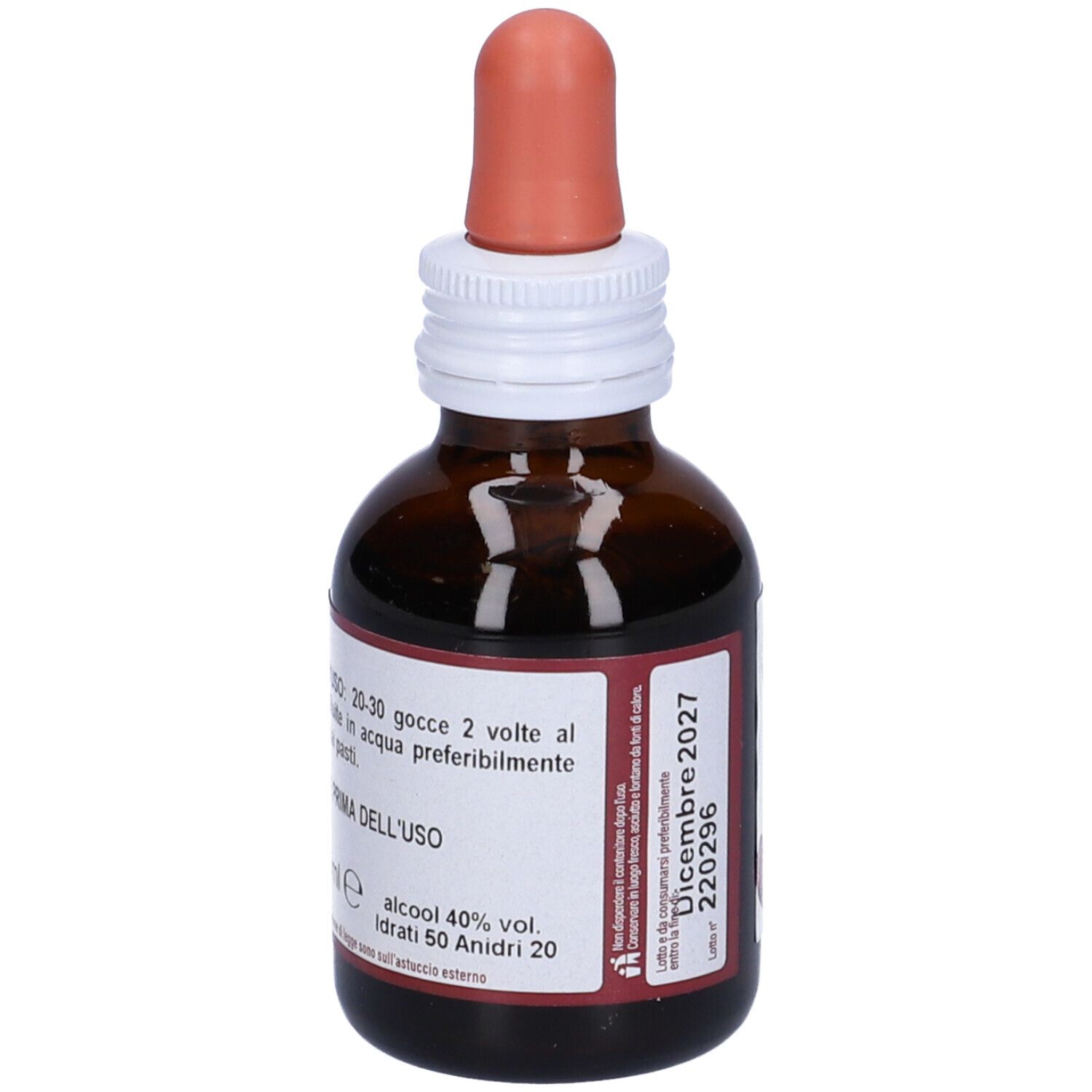 Braune Glasflasche mit Tropfer. Etikett mit Produktnamen Agnocasto Fitomater, Logo ERBENOBILI® und Anwendungshinweisen.