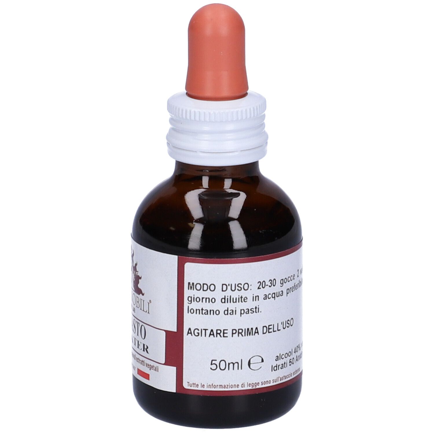 Braune Glasflasche mit Tropfer. Etikett mit Produktnamen Agnocasto Fitomater, Logo ERBENOBILI® und Volumenangabe 50ml.