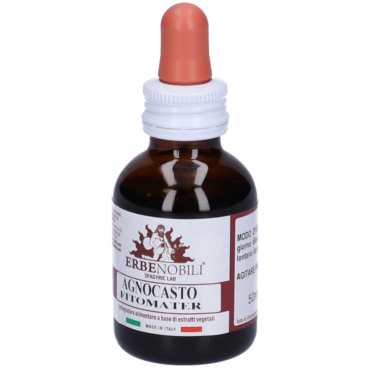 Braune Glasflasche mit Tropfer. Etikett mit Produktnamen Agnocasto Fitomater, Logo ERBENOBILI® und Herkunftsland Italien.