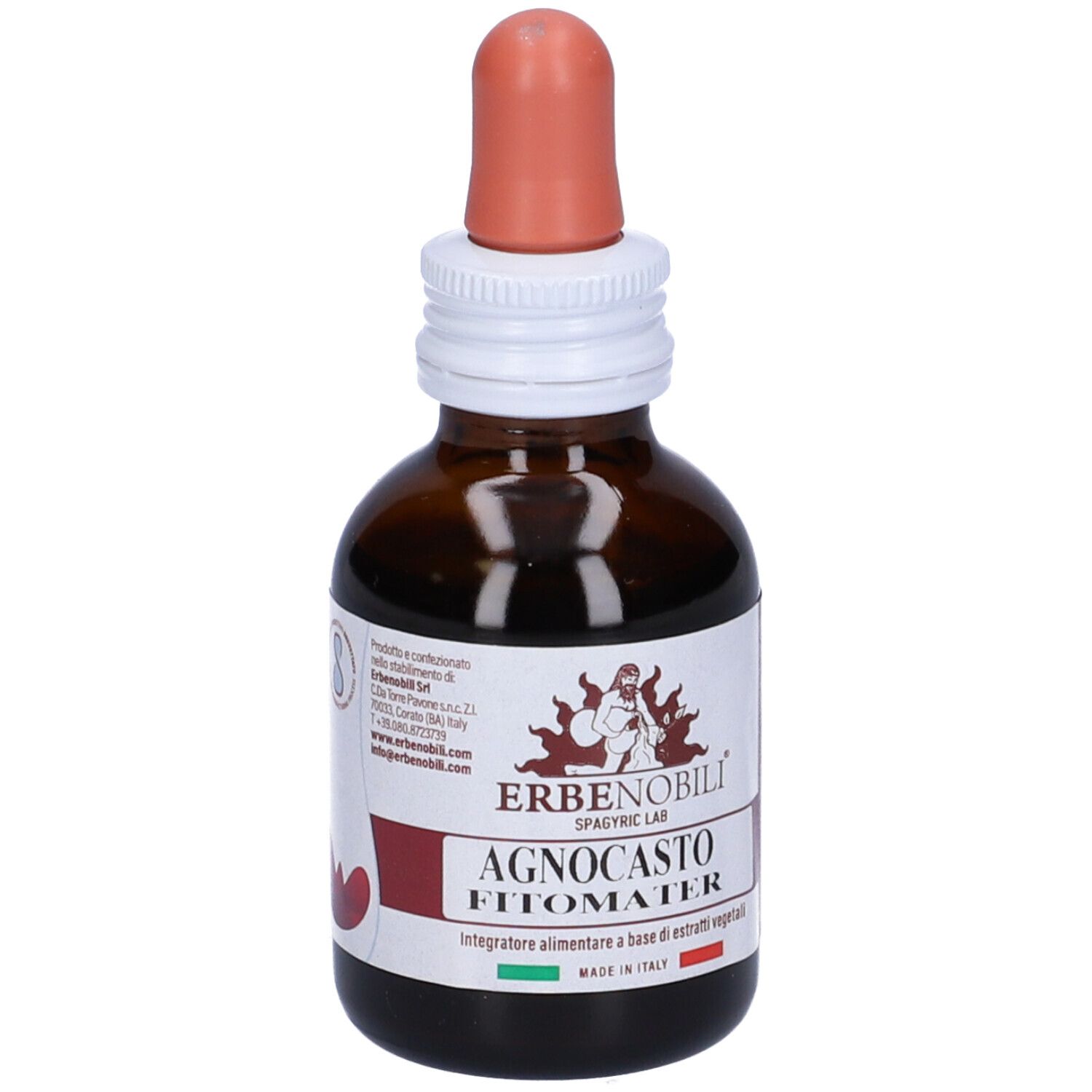 Braune Glasflasche mit Tropfer. Etikett mit Produktnamen Agnocasto Fitomater, Logo ERBENOBILI® und weiteren Informationen.
